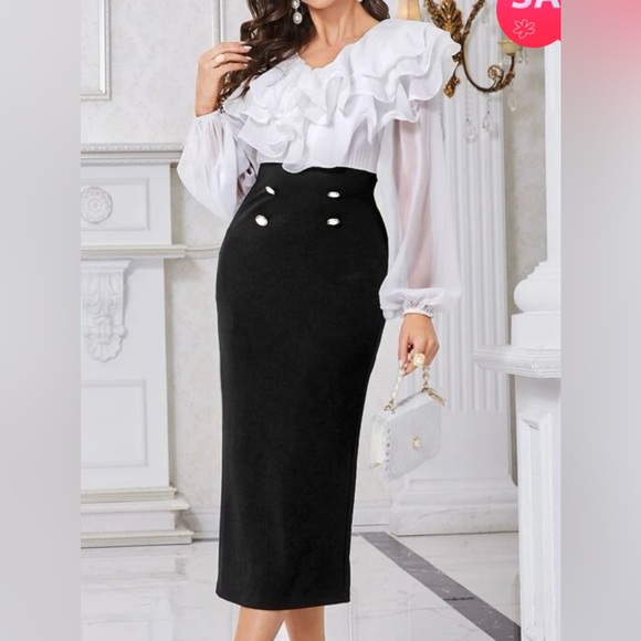 SHEIN Dresses & Skirts - Lantern Sleeve Layered Ruffle Detail Split Hem Combo Dress